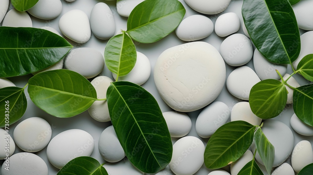 Image of white round stones decorated with bright green leaves. Image of white round stones decorated with bright green leaves.