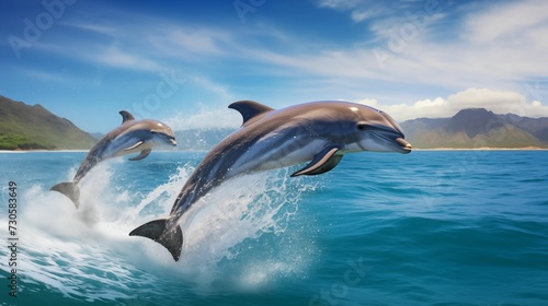 Image of wild dolphins leaping in the waves of the ocean. © kept