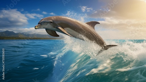 Image of wild dolphins leaping in the waves of the ocean. © kept