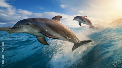 Image of wild dolphins leaping in the waves of the ocean.