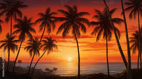 Image of the palm tree silhouettes against the background of the sunset. © kept