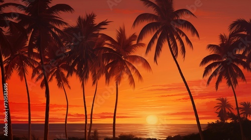 Image of the palm tree silhouettes against the background of the sunset. © kept