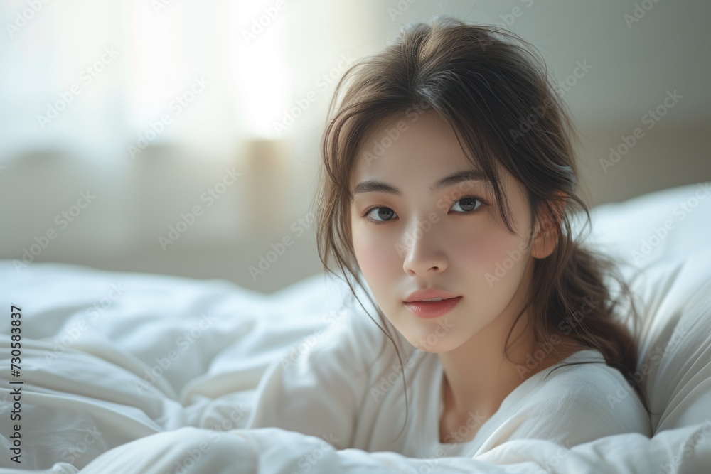 Beautiful young woman in pajamas sleeping in bed at early morning Beautiful young woman in pajamas sleeping in bed at early morning
