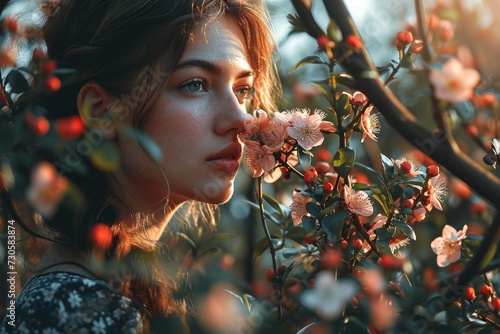 Beautiful Woman Smelling Spring Flowers in an Outdoor Fashion Shoot