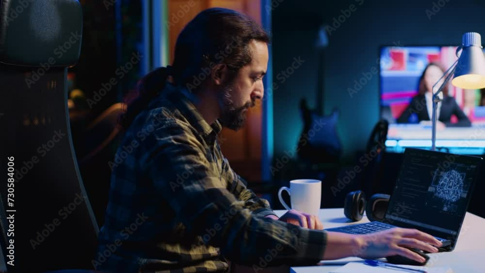 Self employed developer updating artificial intelligence machine learning algorithm, writing binary code scripts. IT expert working from home using programming to upgrade AI brain, camera A Self employed developer updating artificial intelligence machine learning algorithm, writing binary code scripts. IT expert working from home using programming to upgrade AI brain, camera A