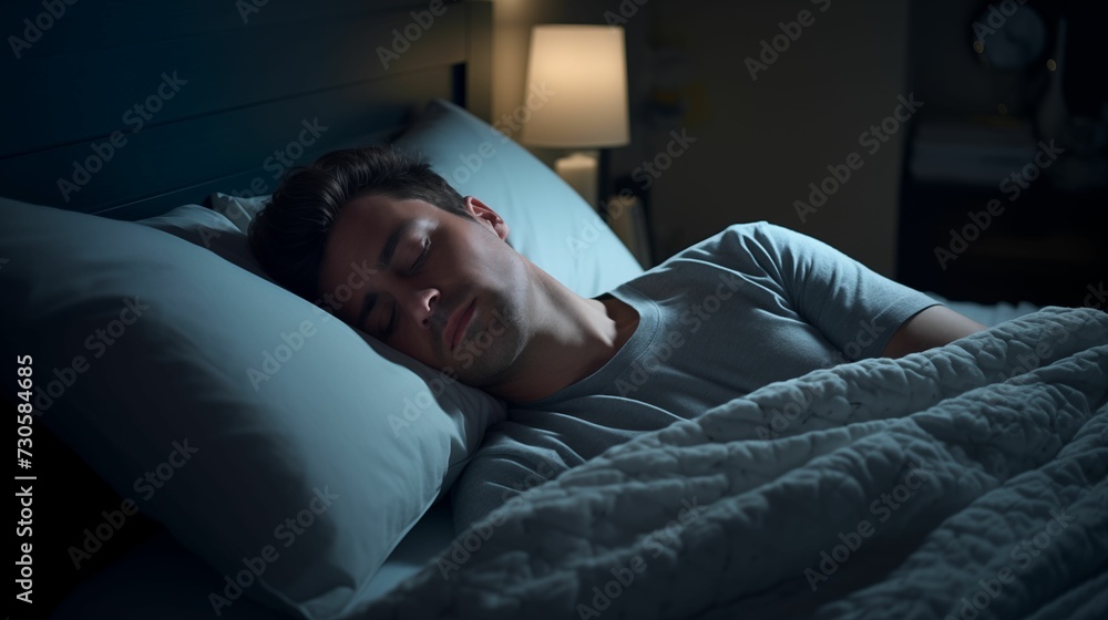 Male peacefully asleep in a comfortable white bed.