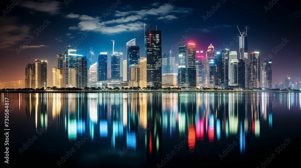 Fototapeta premium Images of city at night, glowing skyscrapers.