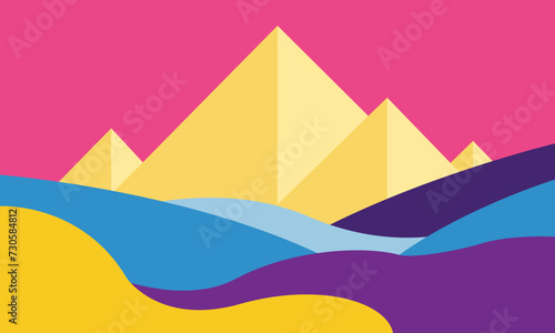 Abstract landscape with golden pyramids against a vivid pink sky  rolling blue and purple hills  and a modern  minimalist aesthetic