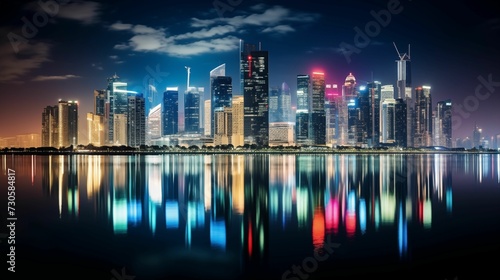 Images of city at night, glowing skyscrapers.