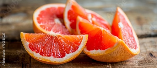 Fresh tropical fruit  sliced and placed on a wooden surface  consists of red grapefruit that is juicy  exotic  and full of vitamins.