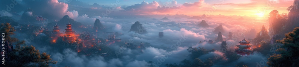 a floating city inspired by ancient Chinese legends, in a sea of clouds, digital airbrushing