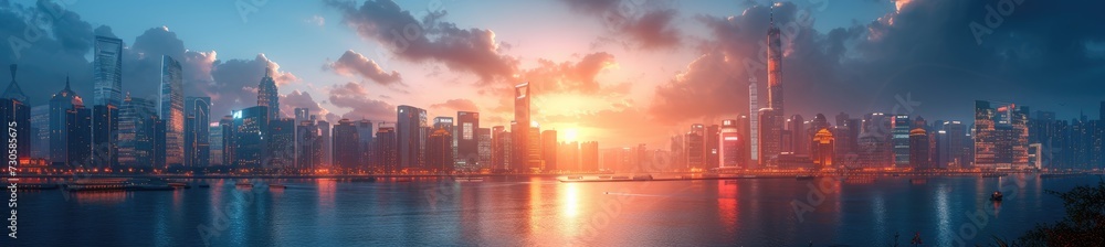 a futuristic city skyline by the sea, incorporating Chinese architectural elements