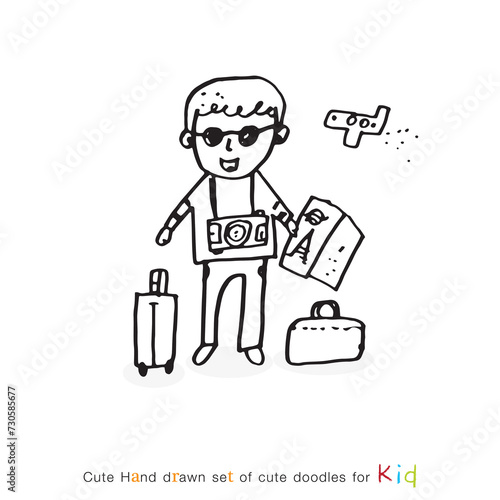 Cute doodle cartoon hand drawn tourist illustration,World tourism day hand drawn outline illustration in doodle style