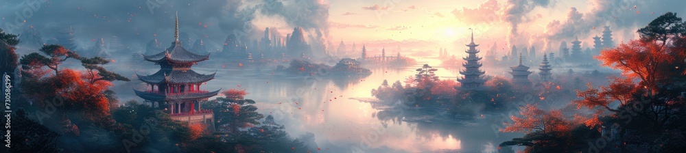 a metropolis with floating islands and ancient temples, blending the old and new, digital airbrushing