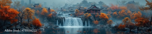 a hidden waterfall in an oriental city, combining urban and natural beauty