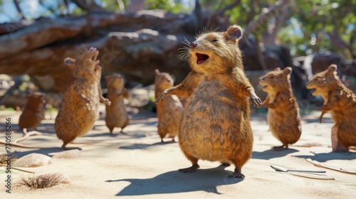 In a scene reminiscent of a beach day quokkas gather around to practice their warrior poses but one decides to strike a pose on their head instead.