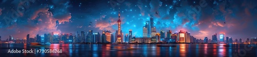 a high-tech skyline with traditional Chinese towers, harmonizing past and future