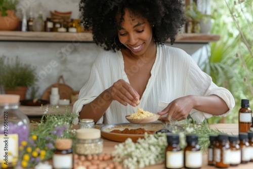 A joyful african american woman creates her own skincare products using natural ingredients at her peaceful home workshop.