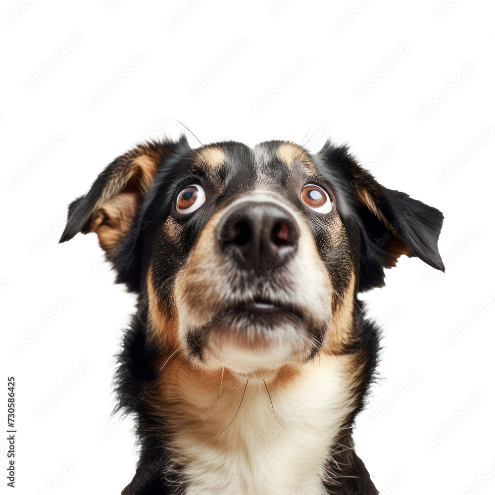 a shocked and cute dog is facing the camera, photo, high key, on transparency background PNG