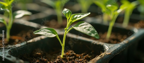 Pepper seedlings' initial growth with cotyledon leaves, soon approaching summer.