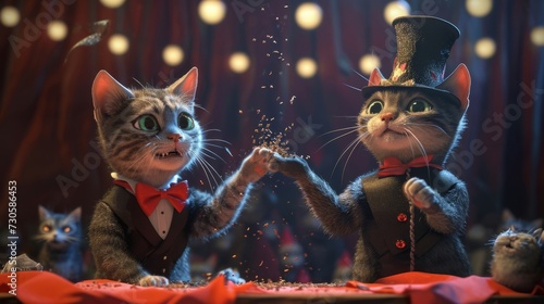 Two cats dressed as magicians performing a disappearing act with a handful of catnip as the audience of furry creatures watches in awe and excitement. © Justlight