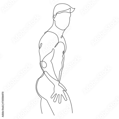 Male Nude Body Continuous One Line Drawing. Man Body Black Sketch Art. Abstract Male Figure Minimal Silhouette. Vector EPS 10