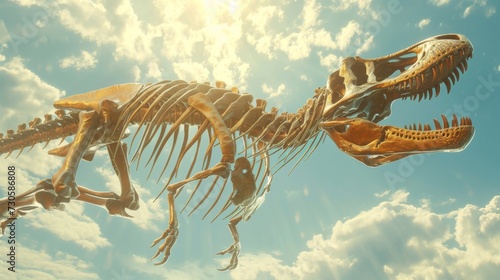 A jawdropping display of a full dinosaur skeleton suspended in midair showcasing the incredible size and strength of these ancient beasts.