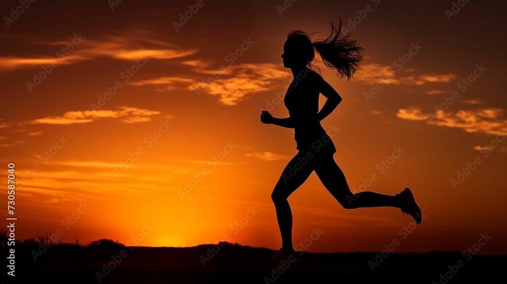 The silhouette of a woman running at dawn.