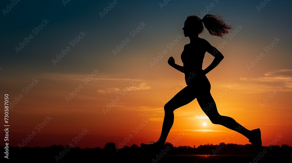 The silhouette of a woman running at dawn.