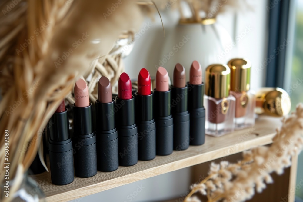 A close-up photo showcasing a range of vegan lipsticks in various shades arranged on a dresser, highlighting ethical beauty choices. A close-up photo showcasing a range of vegan lipsticks in various shades arranged on a dresser, highlighting ethical beauty choices.