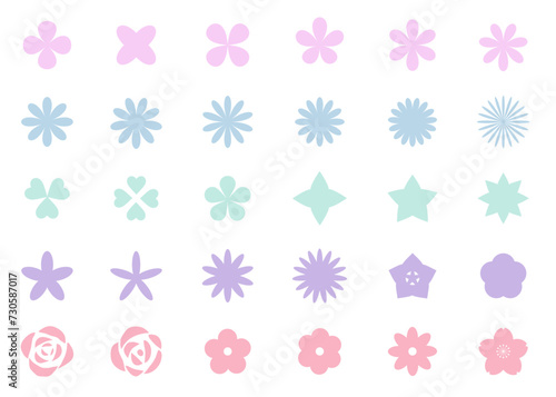 カラフルな春の花のシルエットイラストセット　パステルカラー