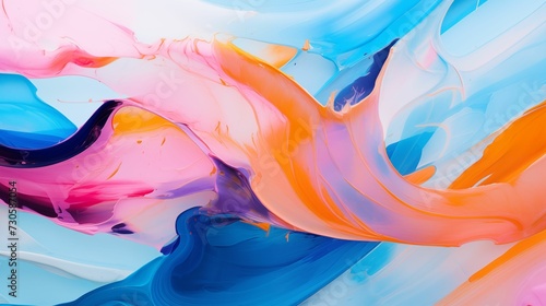 Vibrant painting featuring a dynamic of blue, orange, and pink colors.