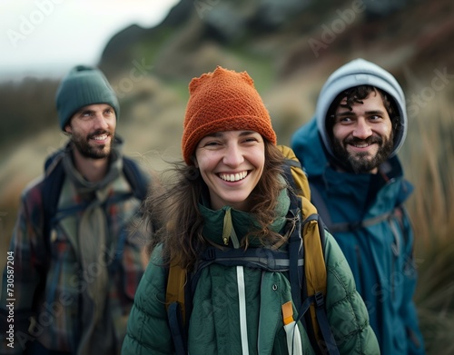happy friends hiking in nature with smile in the background. Generative AI.