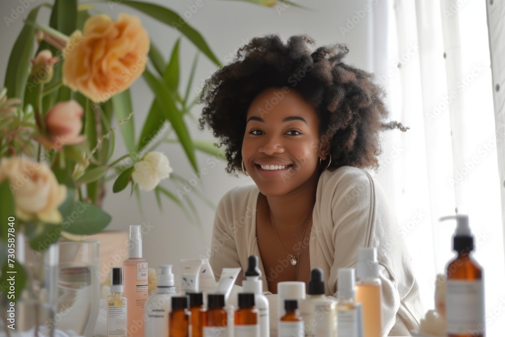 A smiling Black woman with curly hair sitting behind various skincare products on a table, with flowers and plants in the background. A smiling Black woman with curly hair sitting behind various skincare products on a table, with flowers and plants in the background.