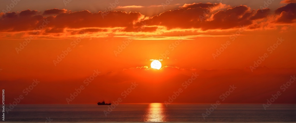 Sunset over the sea with a boat in the distance. Landscape.