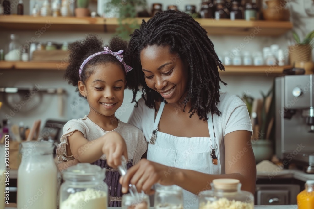 A african americam mother and her young daughter enjoy making natural soap together at home, surrounded by plants and homemade skincare products. A african americam mother and her young daughter enjoy making natural soap together at home, surrounded by plants and homemade skincare products.