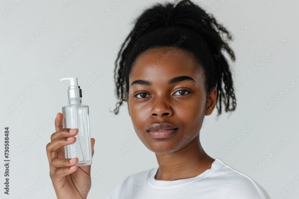 Confident Black woman showcasing a transparent skincare pump bottle, against a neutral background, focusing on the product and her natural beauty. Confident Black woman showcasing a transparent skincare pump bottle, against a neutral background, focusing on the product and her natural beauty.
