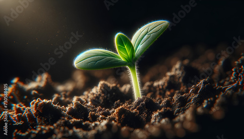 Close-up of a vibrant green seedling sprouting from the earth, symbolizing new beginnings and growth.
Generative AI. photo