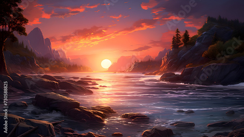 landscape during sunset nightcore high quality Free Photo,,
Painting of a sunset over a rocky shoreline with pine trees 

 photo