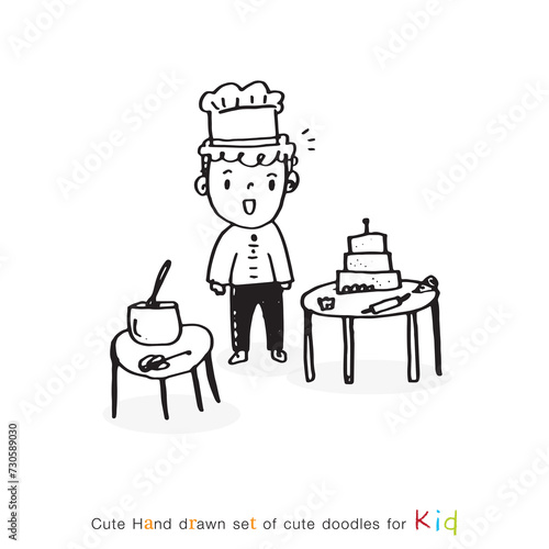 Cute doodle cartoon hand drawn Happy cute little kid boy wear chef uniform and cooking a birthday cake