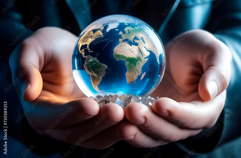 Men's palms carefully hold the planet earth in the form of a fragile glass ball. Men's palms carefully hold the planet earth in the form of a fragile glass ball.