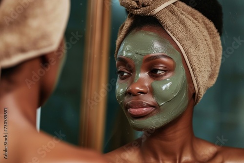 Black woman with a towel-wrapped head applies a green clay mask while looking at her reflection in a mirror, engaging in a skincare routine.