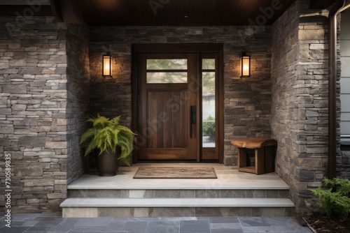 This photo features a front door adorned with two lights and a bench.