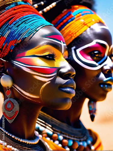 African tribal women adorned with painted faces stand out vividly.