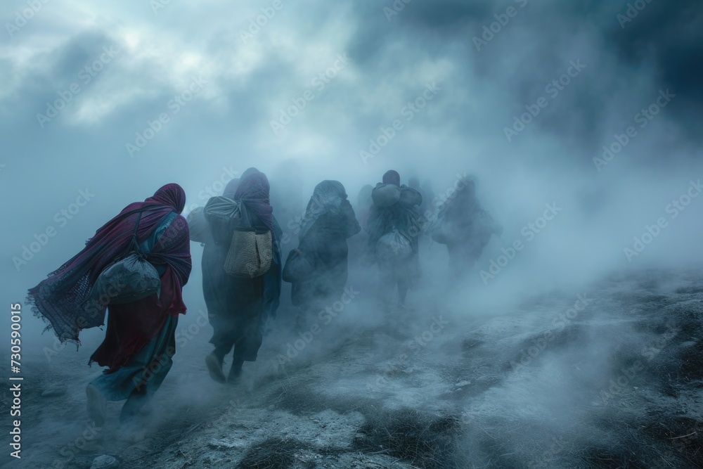 Obraz premium Refugee crisis: impact of war, climate change, political unrest, revealing the humanitarian catastrophe with hungry children seeking refuge amidst a global demographic crisis emigrants camp
