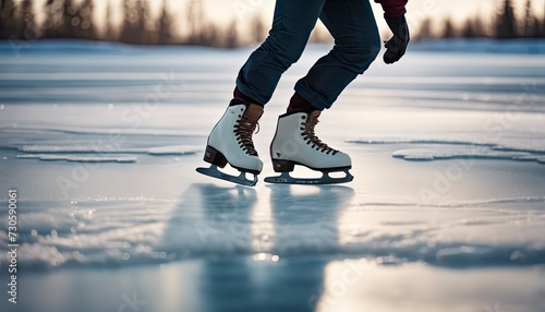 close up of a figure skater skates across a frozen lake, figure skater on frozen lake, frozen background