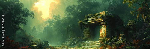 Ancient temples in a jungle setting, inked outlines, lush green hues, mysterious archaeological sites © Tungbackground