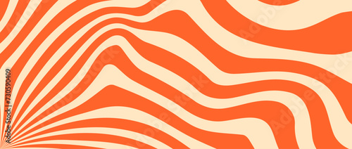 Orange trippy burst lines background. Psychedelic wavy stripes wallpaper. Groovy twisted sunburst swirl. Distorted curly wave texture design for poster, banner, flyer, cover, print. Vector backdrop