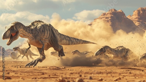 A mive herd of migrating dinosaurs including the mighty Tyrannosaurus Rex creating a dust cloud as they journey across a dry desert. © Justlight