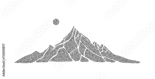Grain stippled mountain range illustration. Dotted landscape terrain silhouette. Black white grainy hill chain. Grunge noise mount peak background. Highland texture wallpaper. Dot work style vector